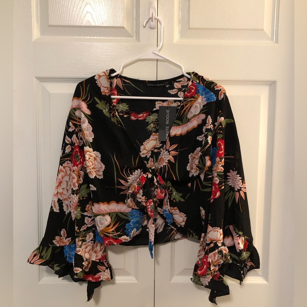 NWT - Stylish Rogue Black Floral Wrap Blouse